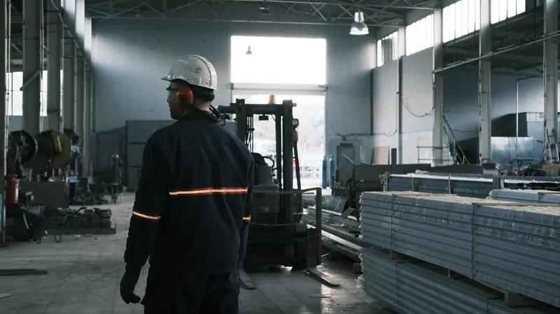 Ein Mitarbeiter in einer Industriehalle neben gestapeltem Metallmaterial
